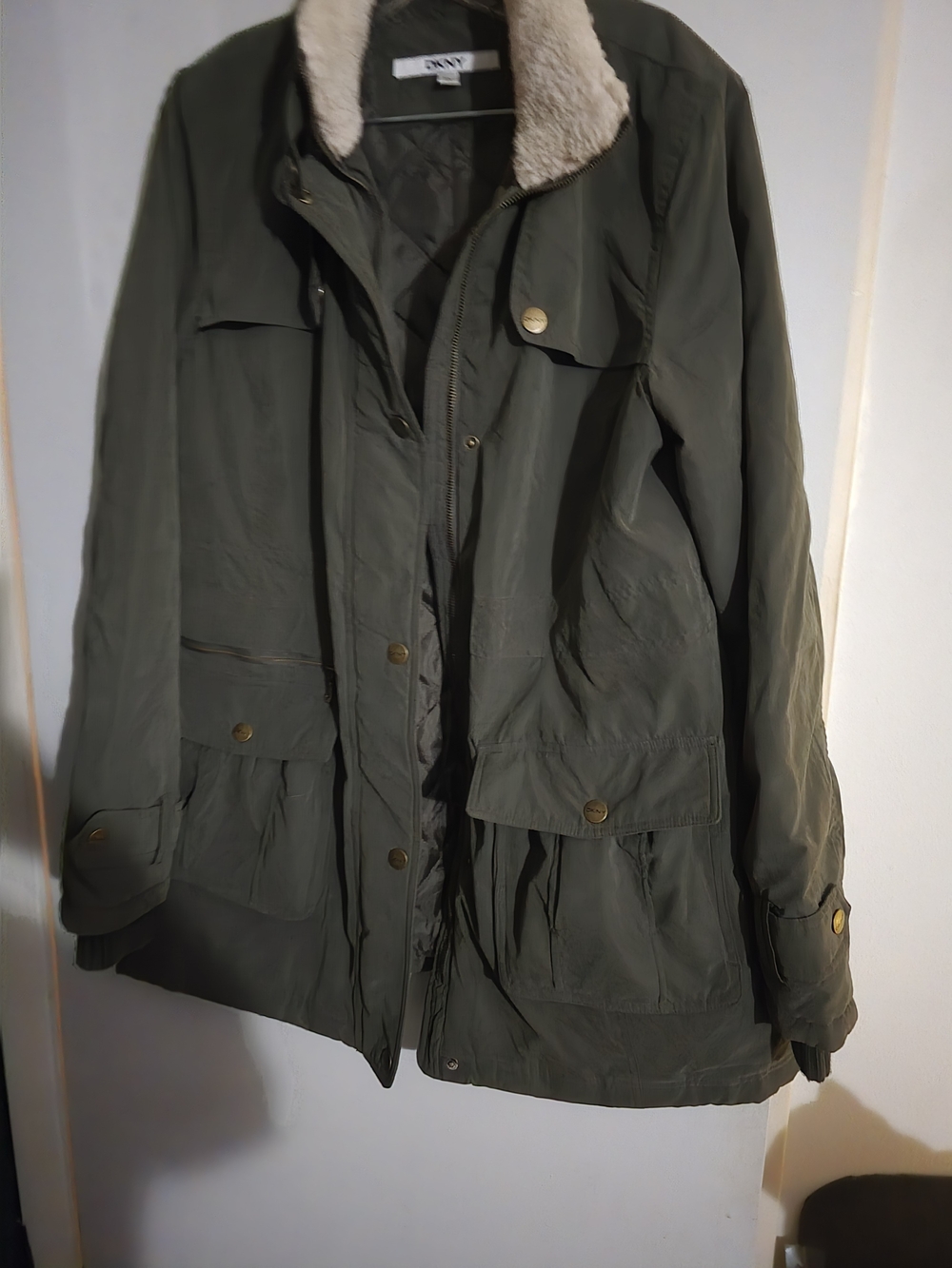 DKNY Olive Utility Parka Jacket with Faux Shearling Collar